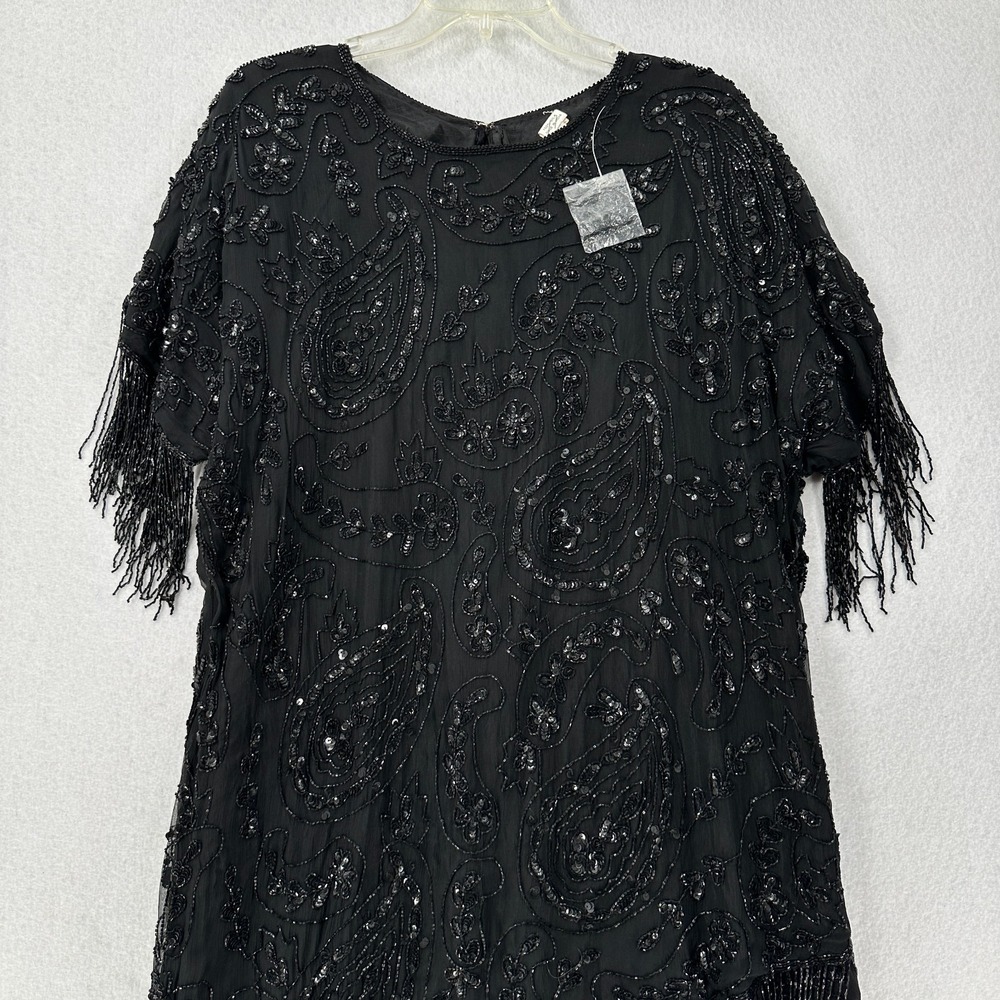 Silk Evening Dress Fully Beaded Tassle Short Sleeve Flapper Womens Large Black - Picture 4 of 8